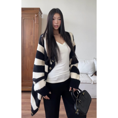 韩系早秋氛围感穿搭撞色条纹中长款毛衣开衫女宽松慵懒风针织外套