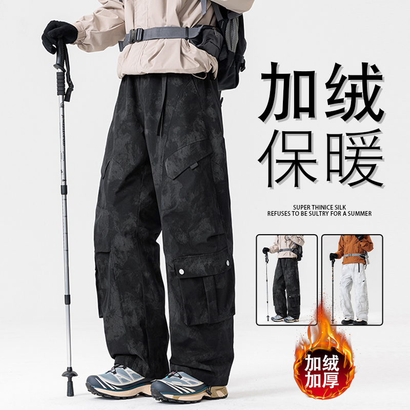 美式扎染保暖羽绒裤男士冬季新款直筒宽松运动外穿工装休闲长裤子