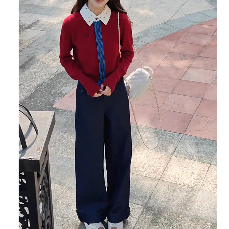 学院风假两件拼接刺绣红色毛衣开衫女秋冬慵懒风早秋chic别致上衣