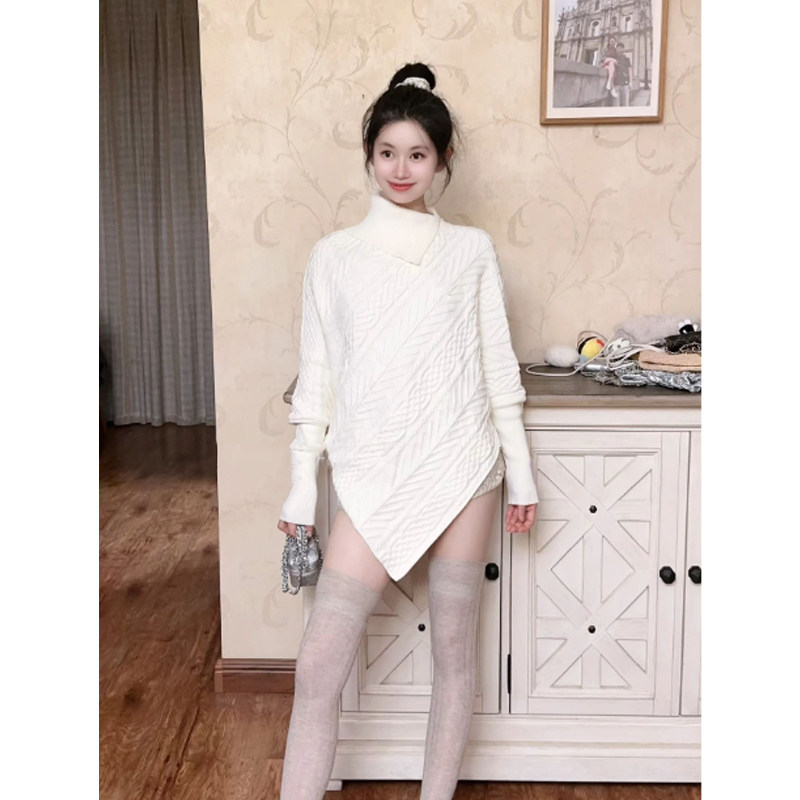 韩系早秋穿搭白色不规则高领斗篷麻花毛衣女秋冬慵懒风针织衫上衣