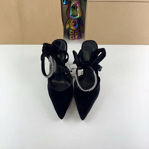 ZA西班牙春季新品女鞋黑色莱卡蝴蝶结水钻浅口丁字搭扣时装穆勒鞋