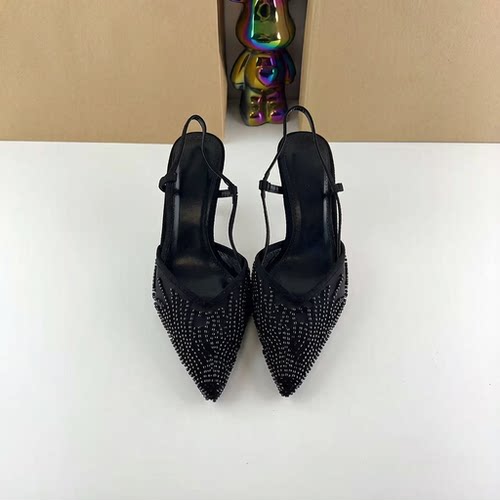 ZA西班牙春季新品 女鞋 黑色串珠网布露跟浅口尖头细跟高跟穆勒鞋