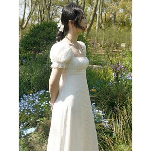 白色绣花帝政裙vintage古着复古复刻lolita帝政风