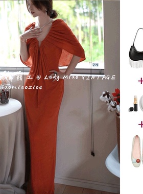 2025年新款夏款端庄大气橙色V领连衣裙气质名媛高端女神范高级感