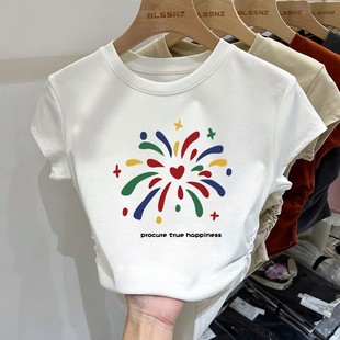 2025夏季 t恤女内搭收腰显瘦打底上衣 新款 小众设计感正肩纯棉短袖