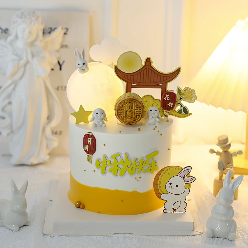 中秋节蛋糕装饰发光月亮灯烘焙摆件花好月圆插件月饼兔子节日快乐