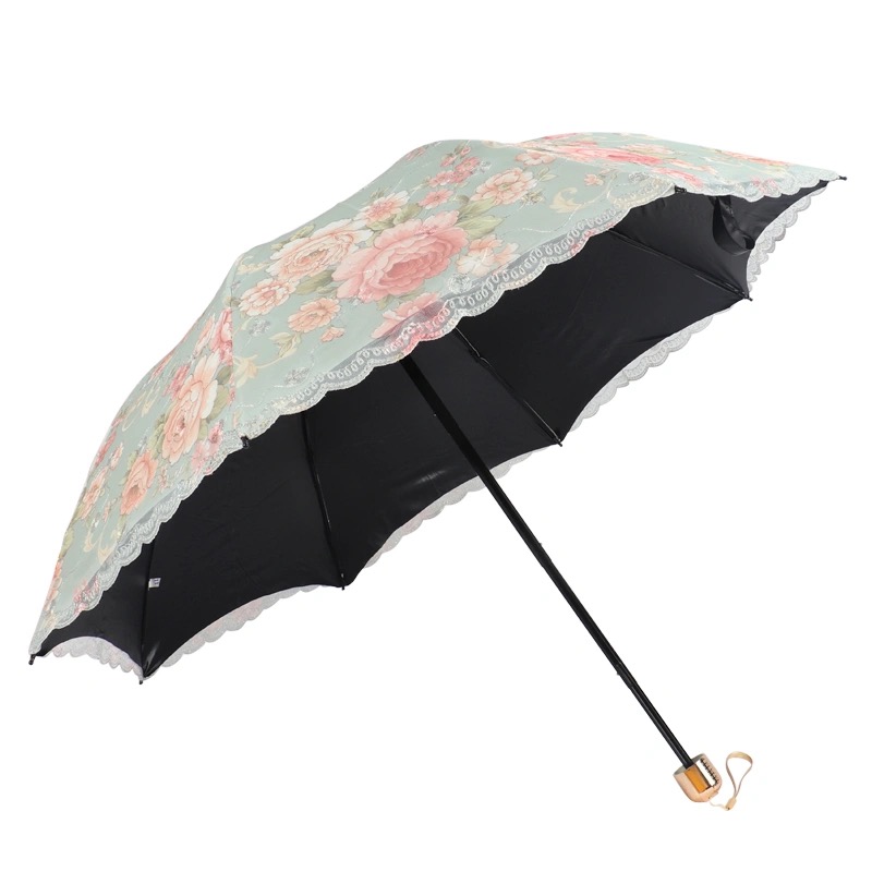 太阳伞防晒防紫外线蕾丝刺绣印花洋伞折叠晴雨两用双层黑胶太阳伞