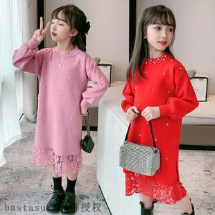 Girls autumn and winter clothes 2021 New Pearl collar wool