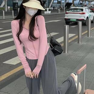 粉色冰丝防晒衣女款夏季2025新款防紫外线修身瑜伽服外套短款上衣