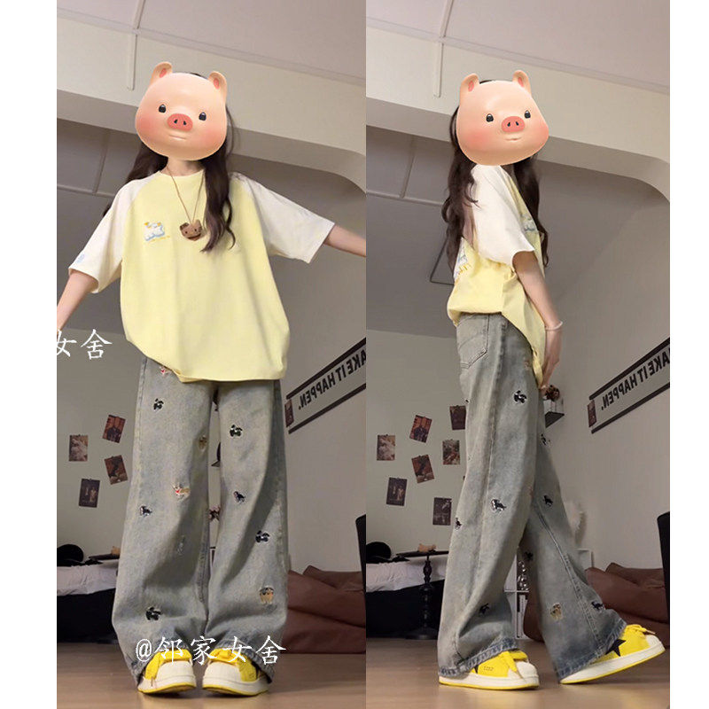 小个子穿搭一整套插肩袖短袖t恤女夏季新款多巴胺上衣+阔腿裤套装
