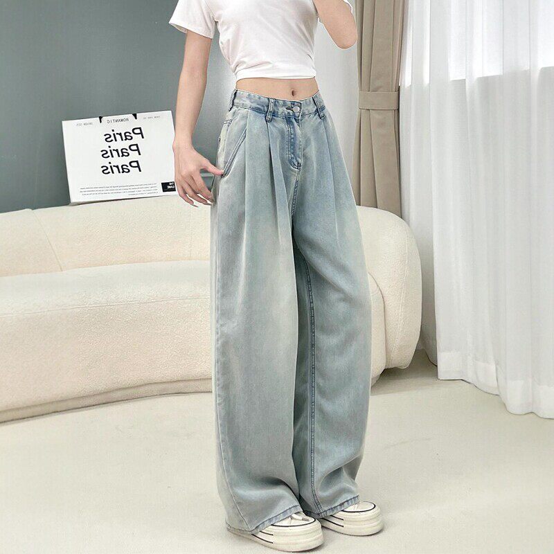 浅色天丝直筒牛仔裤女夏薄款大码胖mm高腰显瘦宽松垂感冰丝阔腿裤
