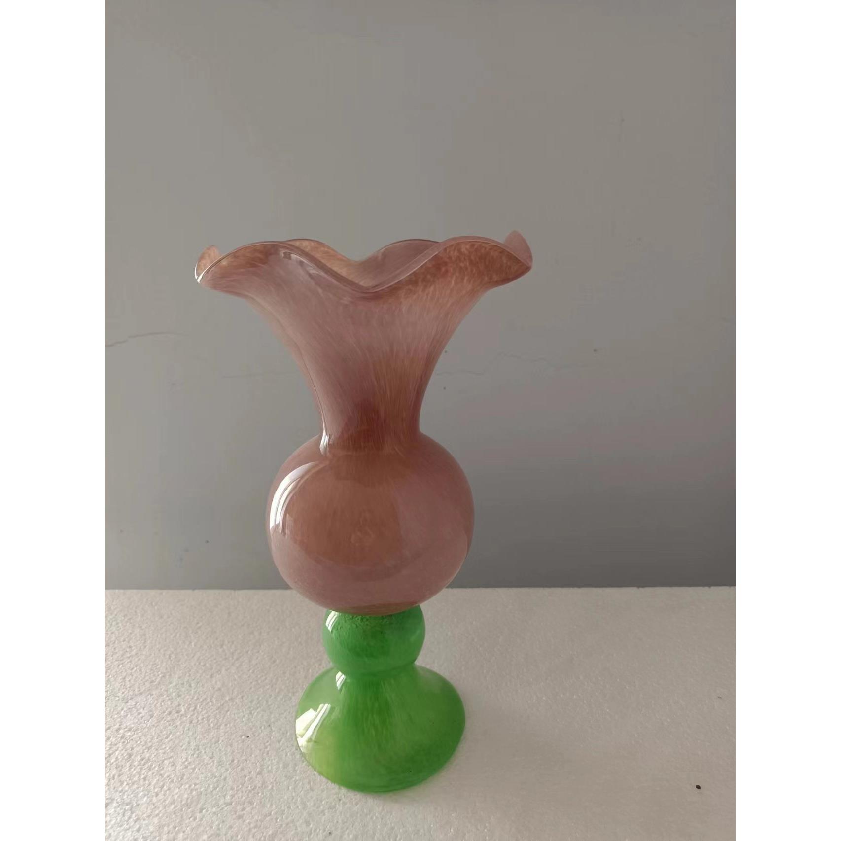 中古琉璃花瓶高脚圆肚长颈喇叭口花器法式复古轻奢玻璃瓶