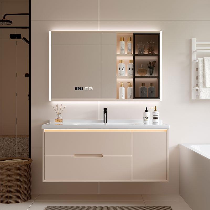 新款奶油风浴室柜组合卫生间陶瓷一体盆智能实木洗漱台洗手洗脸