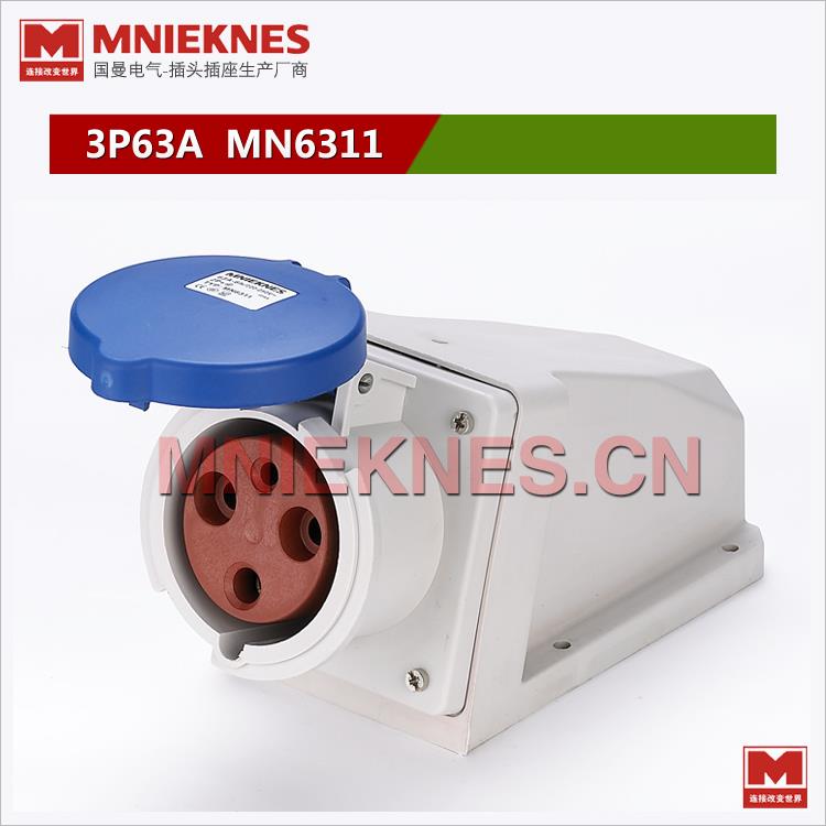3孔63A工业插座 明装插座 IP44 防水插头插座 6311单相三线2P+E