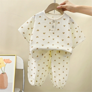 新款儿童纯棉纱布睡衣套装春夏棉纱家居服男女童百搭韩版两件套