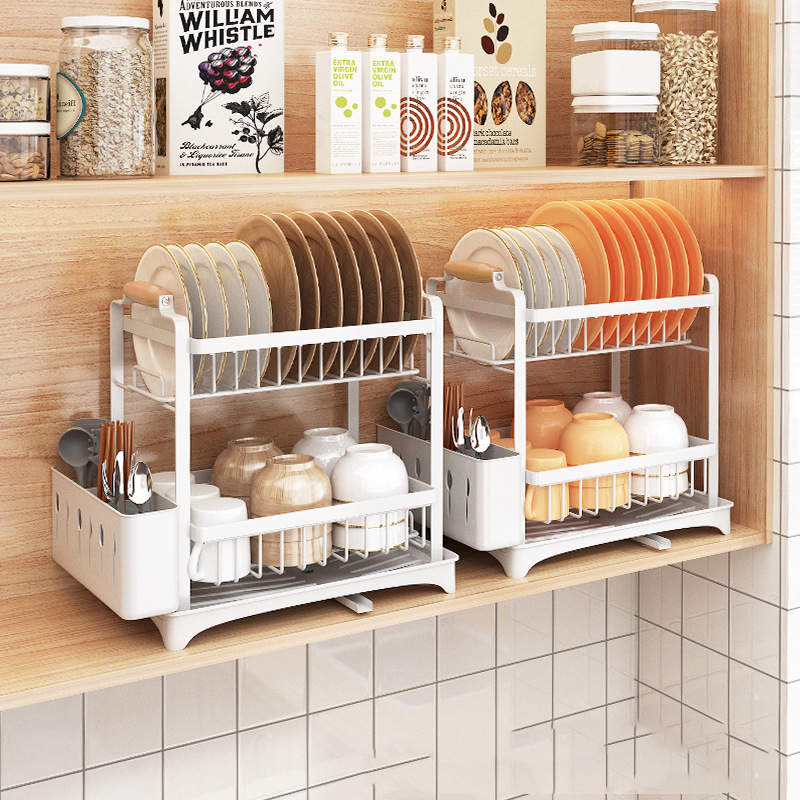 厨房沥水碗碟架 家用台面碗筷收纳架水槽晾碗置物架白色双层金属