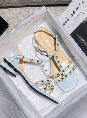 2022 Summer low heel women rivets sandals thin ribbon fashio