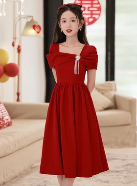 孕妇敬酒服新娘高腰遮肚子红色订婚礼服回门便装连衣裙大码胖mm夏