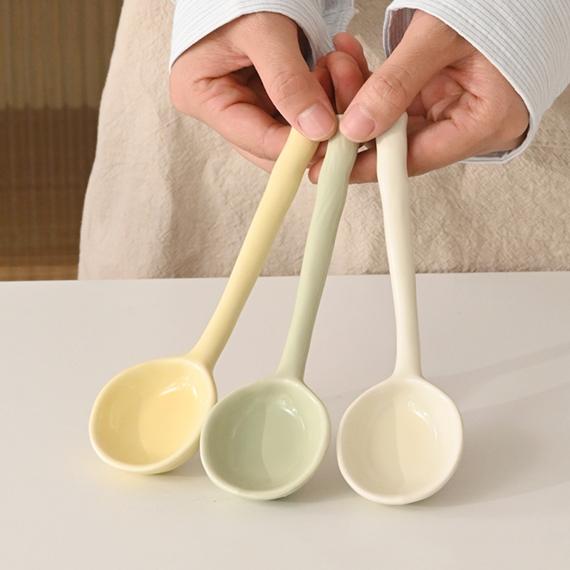 白屿 亮面陶瓷勺子长柄创意家用汤匙酸奶勺大头勺汤勺高颜值汤匙