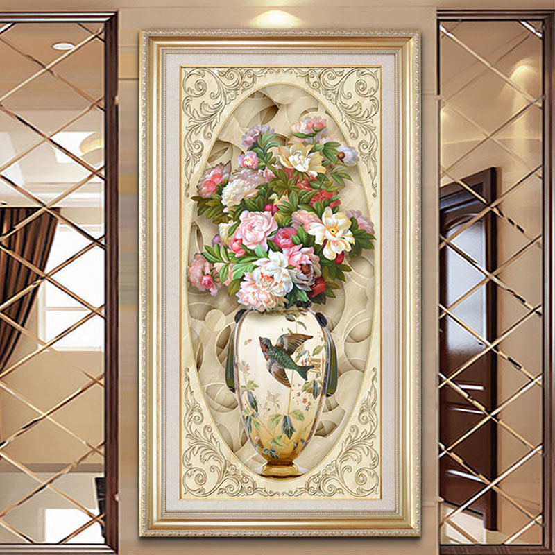 现货速发简欧式玄关装饰画竖版客厅走廊尽头墙面装饰挂画牡丹过道图片