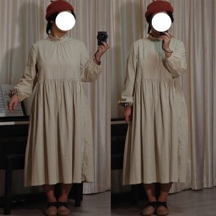 边长耳条纹裙子 复古木袖 速发文艺森系连衣裙2420早秋新款 装