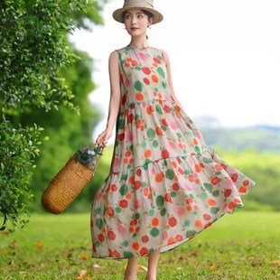 速发天丝苎麻印花无袖 24年夏0海边度假风花子棉麻碎裙连 背心裙2季