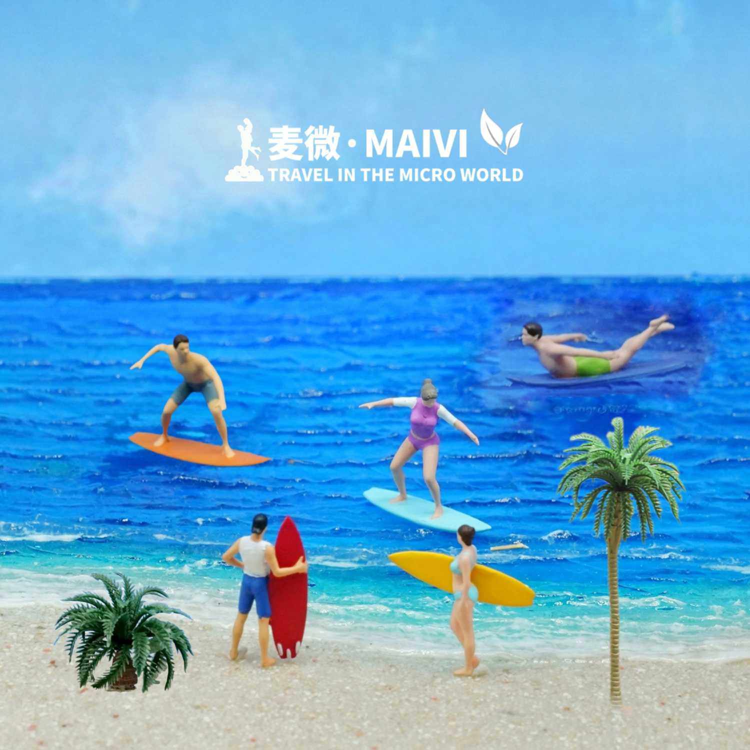 1:64人偶 冲浪沙滩皮划艇微景观摆件微缩模型配沙盘场景小人