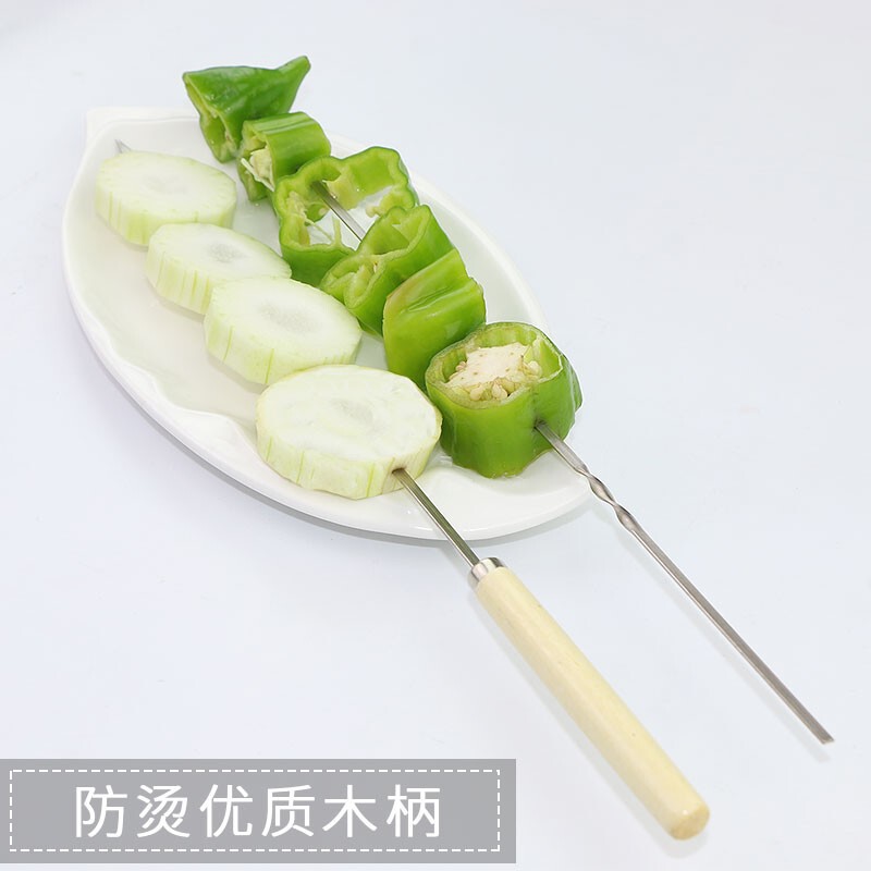 50支不锈钢木柄烧烤签子羊肉串烤肉工具烤串铁签子扁签配件烧烤针