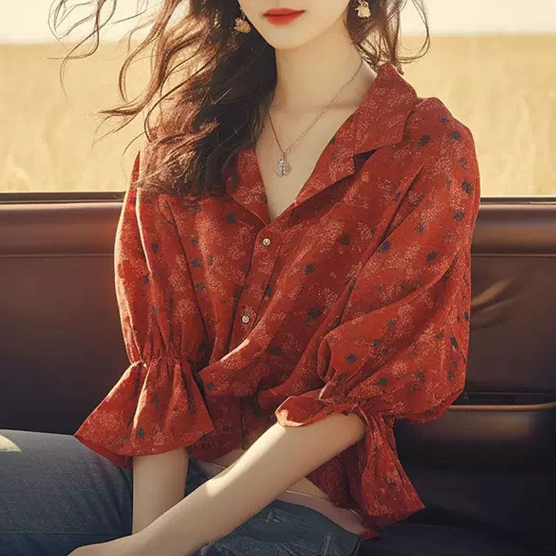 法式轻熟风小众设计感别致独特绝美小衫甜美上衣红色碎花衬衫女夏