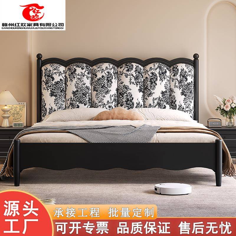 法式实木床现代简约双人床黑色复古1米5软包靠1.8m主卧中古风家具
