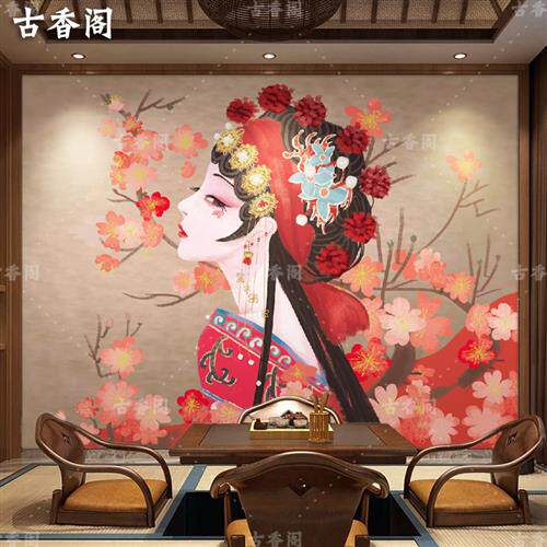 国潮风自粘中国风墙纸壁画饭店墙绘茶馆背景墙装饰墙贴布网红壁纸