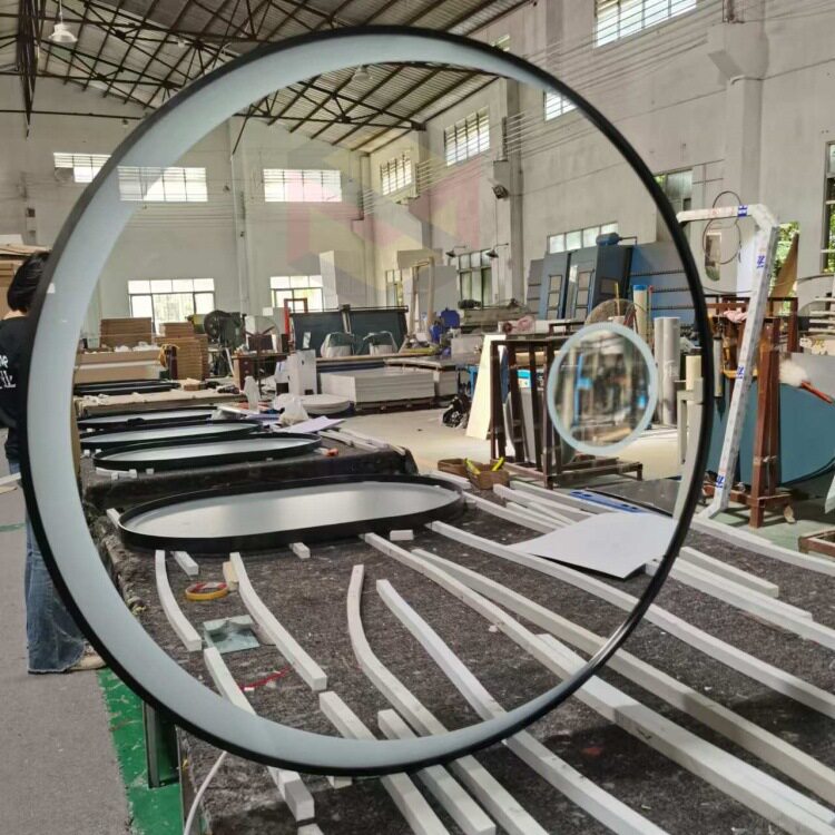 智能浴室镜柜挂墙式带灯防雾不锈钢包边镜圆形黑色框洗手台镜子