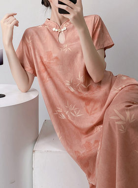 棉绸世家复古中式改良旗袍睡裙2026夏秋绵绸印花文艺家居服连衣裙