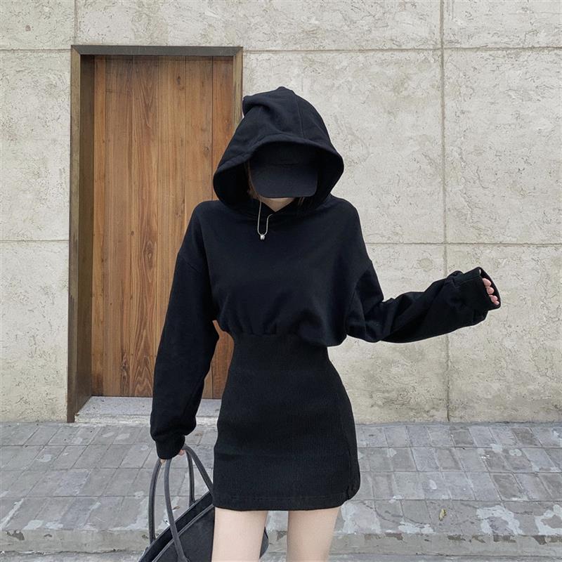 黑色连帽卫衣裙女性感修身大码包臀裙春季新款长袖针织打底连衣裙