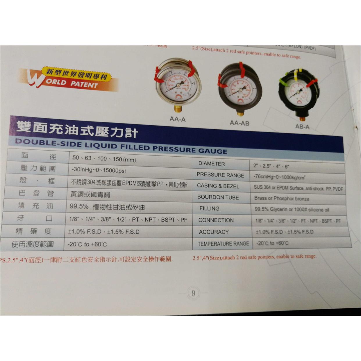 双面充油式压力计,GAUGE压力表,SAFE压力表,华记压力表Y-SON