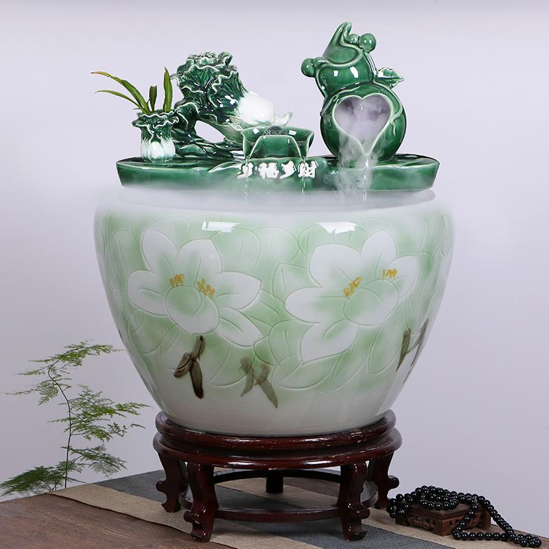 景德镇陶瓷鱼缸流水喷泉家用锦鲤缸特大号养鱼盆落地加湿造景摆件