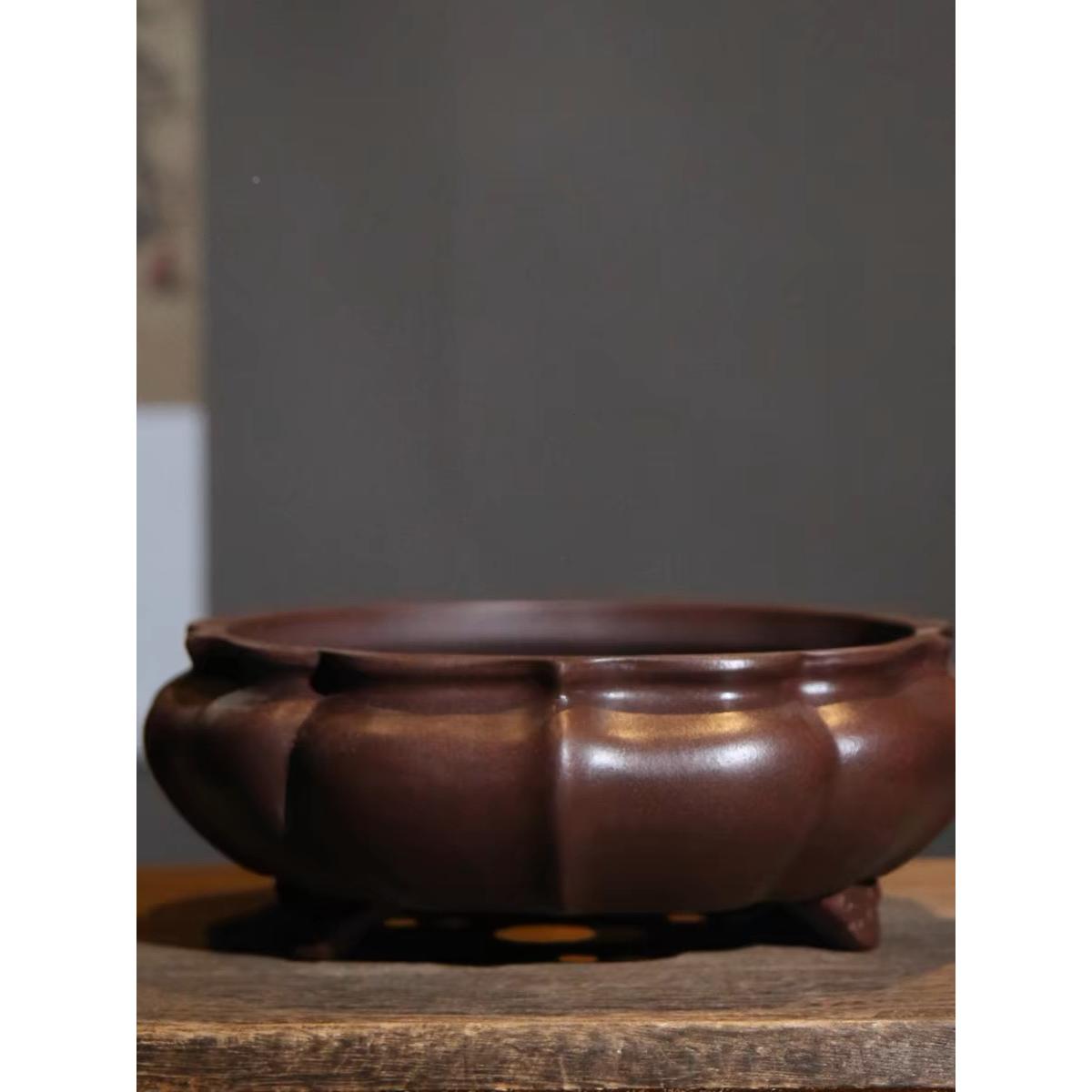 紫砂花盆圆形莲花筋纹器传统器新品原矿泥料盆景盆无孔花盆