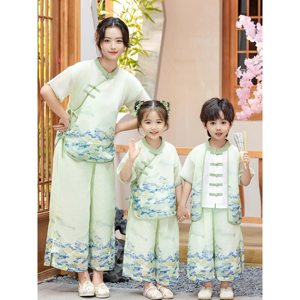 六一儿 童幼儿园园服夏款唐装亲子演出服中国风汉服舞蹈服表演服.