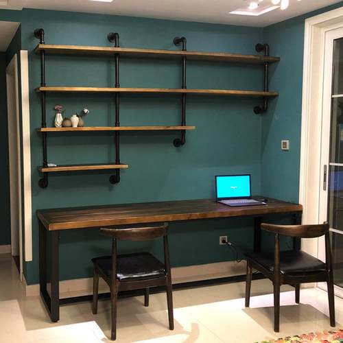 loft书桌书架组合家用水管一体桌实木学习办公桌靠墙双人电脑桌子