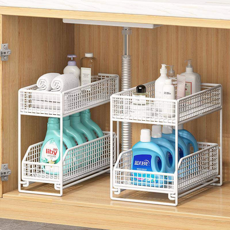 J6DA双层极窄卫生间下水槽置物架抽拉式夹缝浴室橱柜下收纳拉篮免