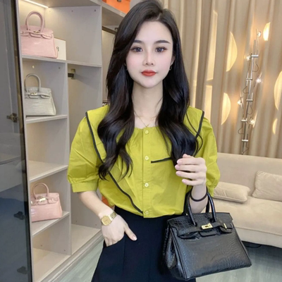 韩国小清新泡泡袖荷叶边短袖衬衫女夏法式设计感甜美减龄别致上衣