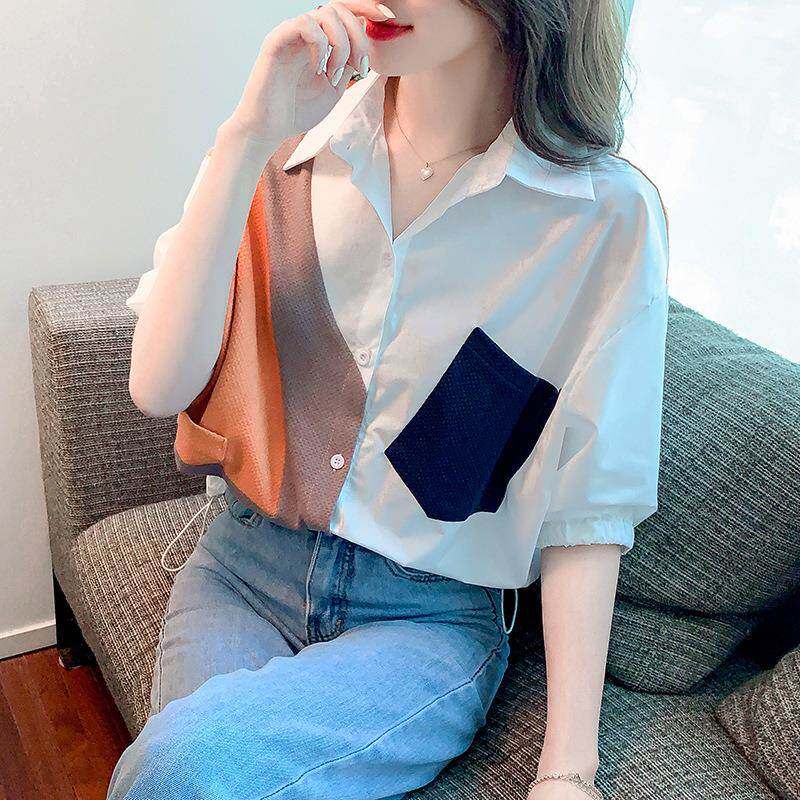 香港TIMO夏季撞色短袖衬衫女小个子气质高级感减龄小衫显瘦上衣潮