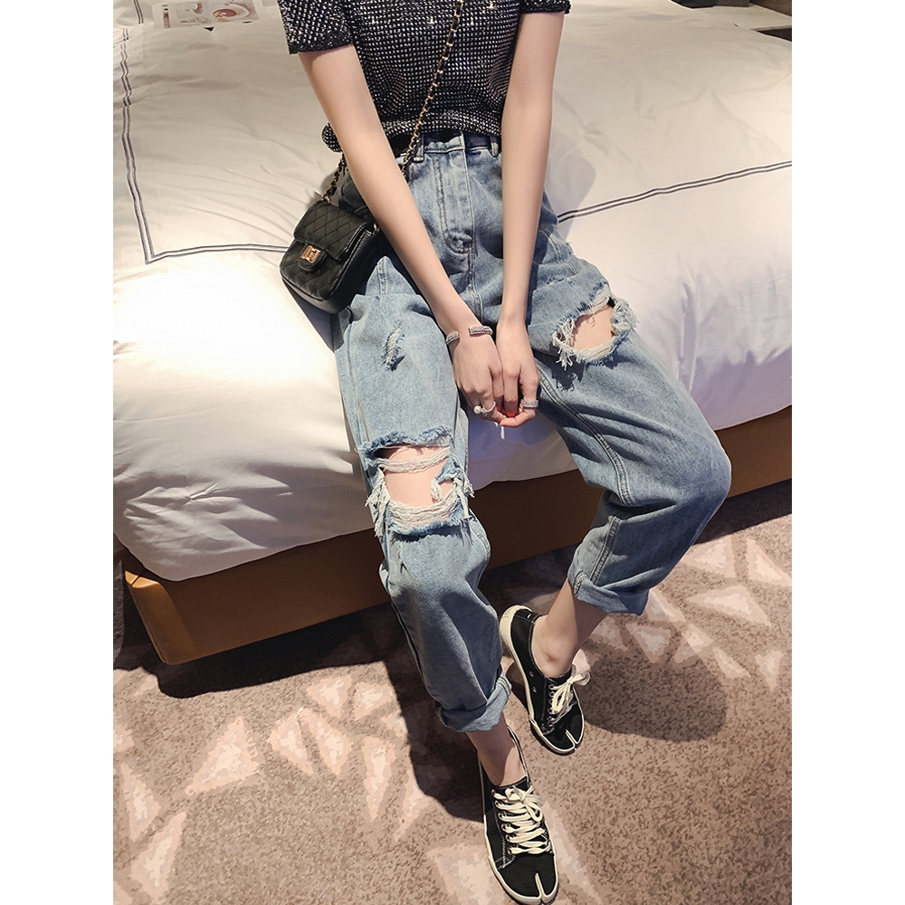 高腰破洞牛仔裤女装春秋2025新款夏季宽松显瘦直筒九分烟管哈伦裤