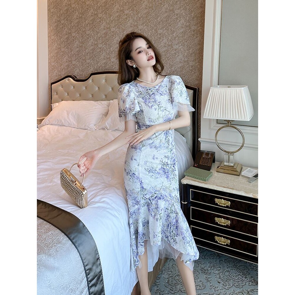 潮牌2025夏季新款女装法式气质名媛精致碎花泡泡袖鱼尾裹身连衣裙
