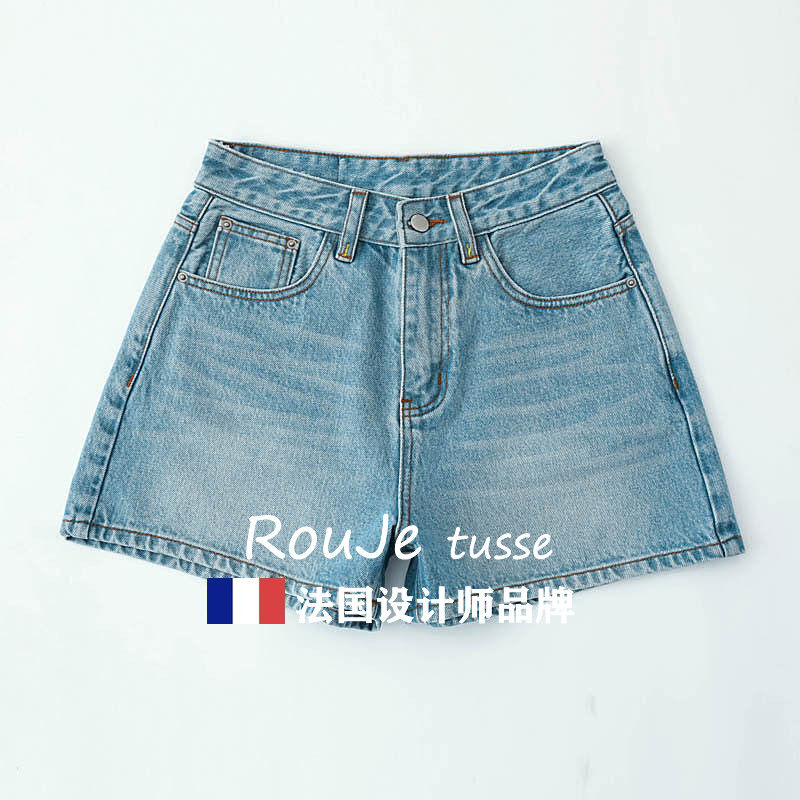 法国Rouje tusse高端夏季牛仔裤女高腰时尚牛仔短裤浅色宽松热裤