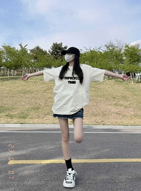 潮牌慵懒风简约字母印花短袖T恤女2024夏季新款宽松休闲情侣上衣