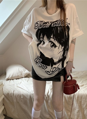 潮牌洋气漫画少女印花短袖t恤女2024夏季新款宽松中长款百搭上衣