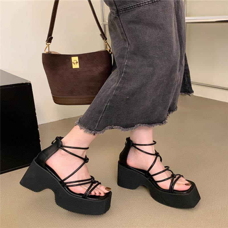 夏季网红松糕厚底罗马鞋女11cm超高跟小个子镂空坡跟露趾百搭凉鞋