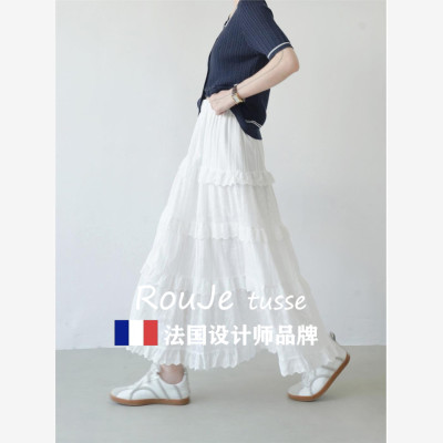 法国Rouje tusse法式白色花边拼接半身裙七季甜美风显瘦镂空长裙