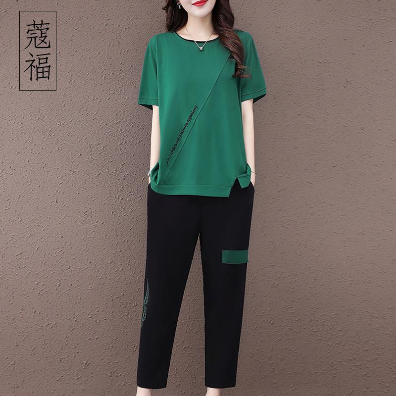 香港2025夏季新款大码女装胖mm套装遮肚子运动休闲减龄时尚两件套